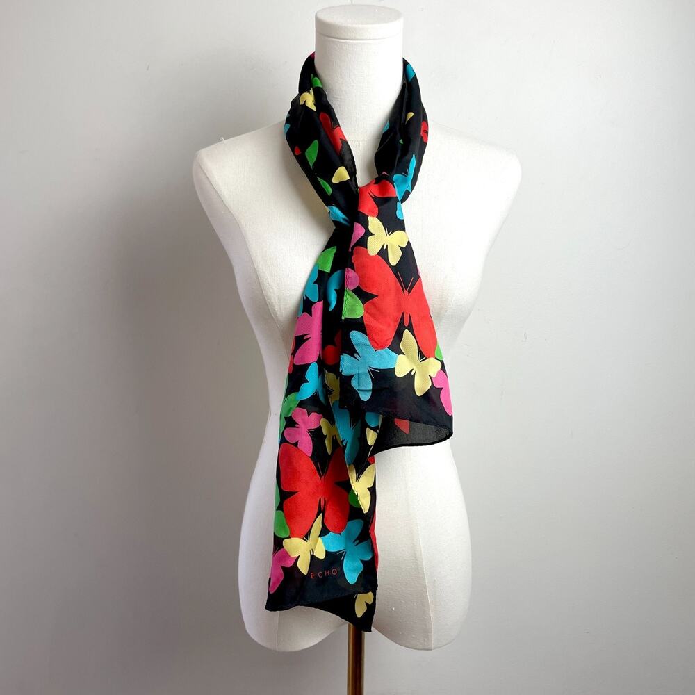 Vintage 90s Y2K Silk Scarf Rectangle Butterflies‎ Colorful Dopamine Maximalist